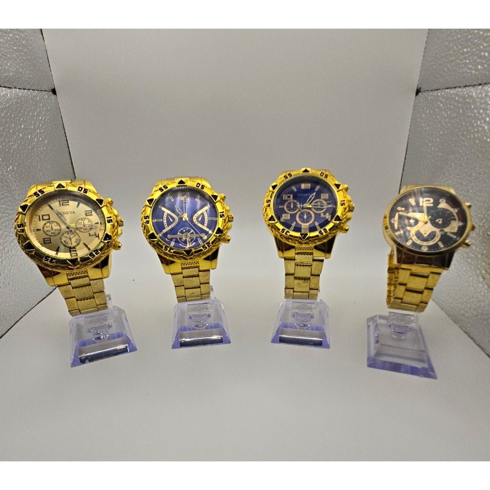 Lot of 4 Geneva Mens GoldTone Watches Butterfly Bracelet Style Bands,Lightweight